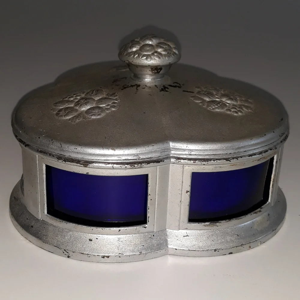 Metal Cobalt Blue Glass Divided Relish Dish Japan